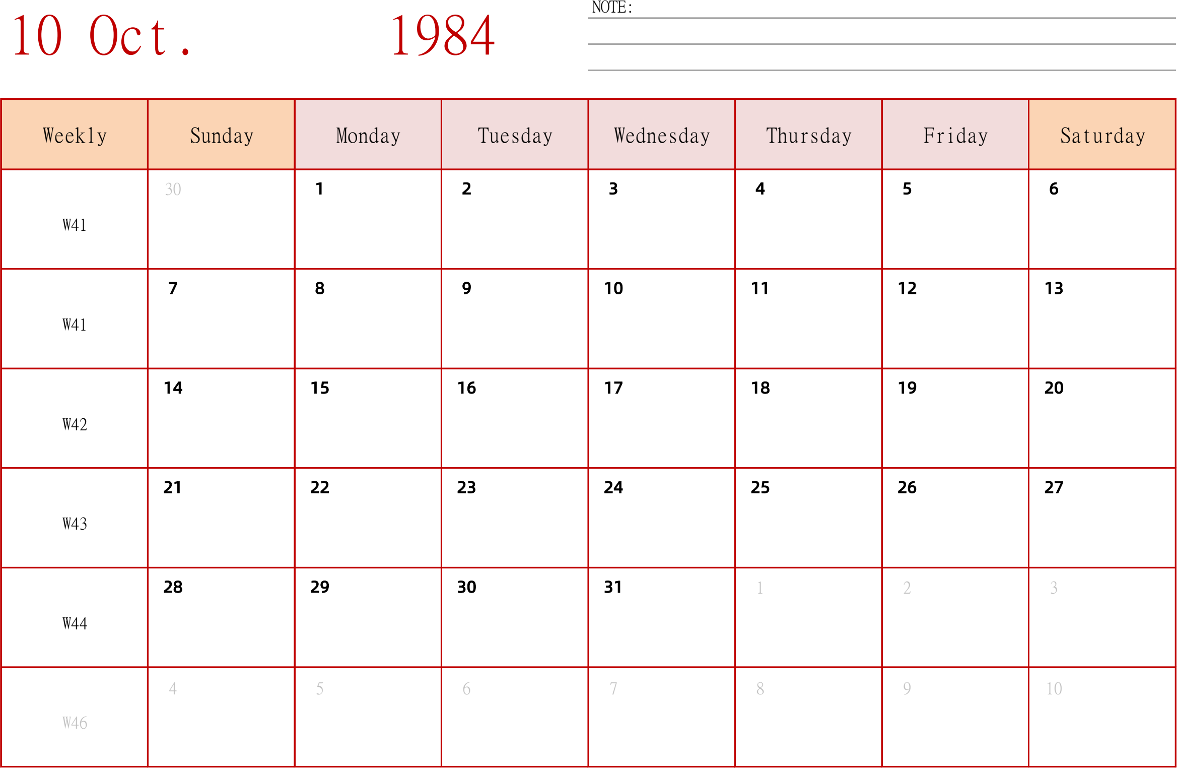 日历表1984年日历 英文版 横向排版 周日开始 带周数